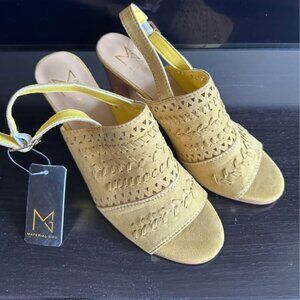 NWT Material girl mustard yellow laser cut heeled sandals w/3” heel size 8